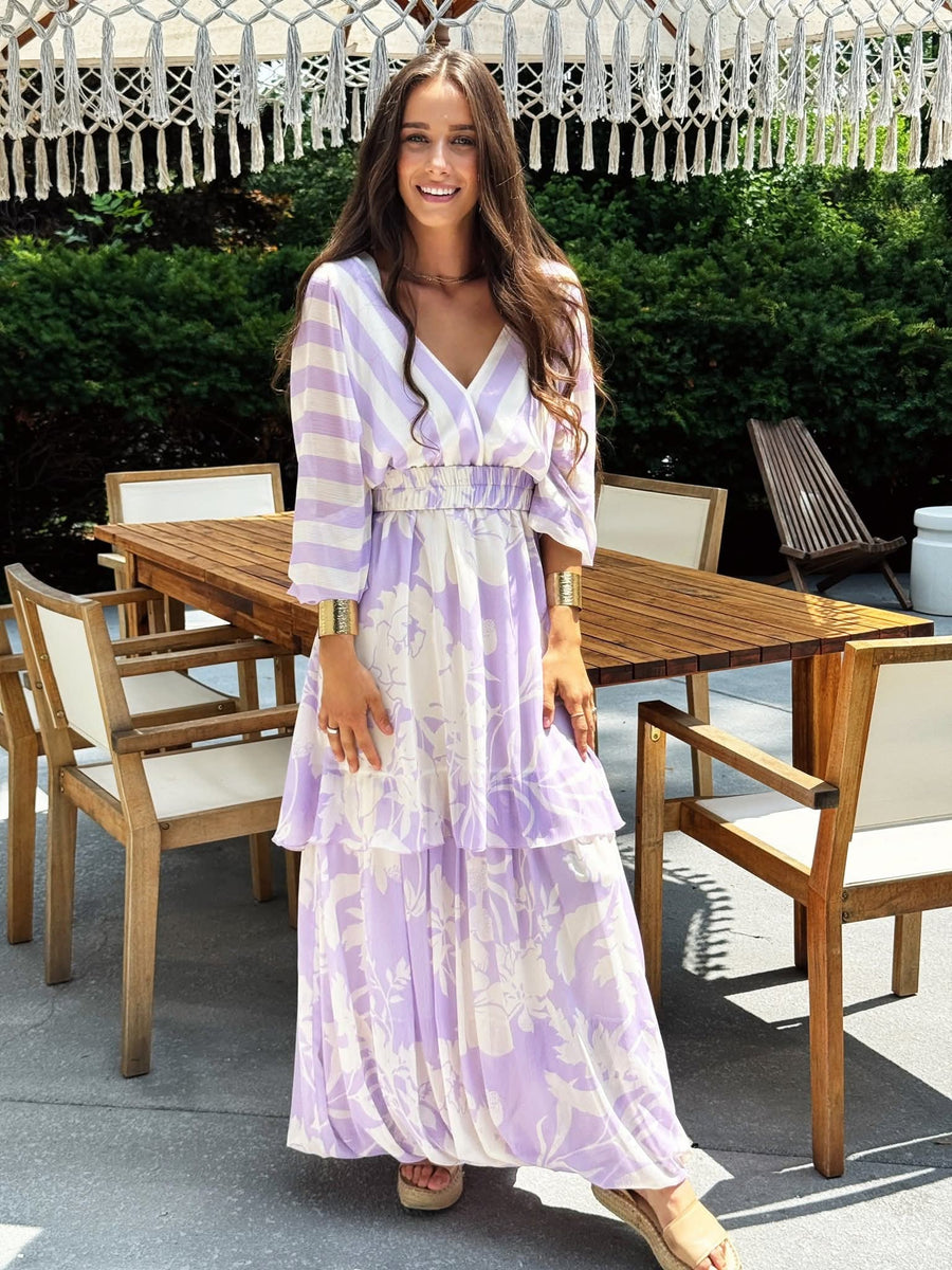 lilac floral maxi dress Striped & – Vivi Lu Atelier Giselle Mini Dress Model is an 18 Black Lace High Neck Color:Natural/Clay