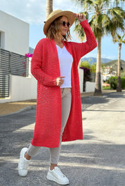 Open-Knit Coral Long Cardigan