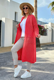 Open-Knit Coral Long Cardigan