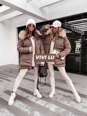 Faux Fur Hood Outside Zipper Outside Pockets Side Zipper Puffer Jacket