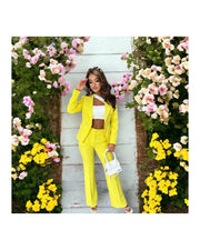 Double-Breasted Blazer with Gold Buttons & Wide-Leg Pants Suit