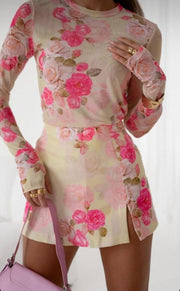 Rose Flower Pattern Mini Skort