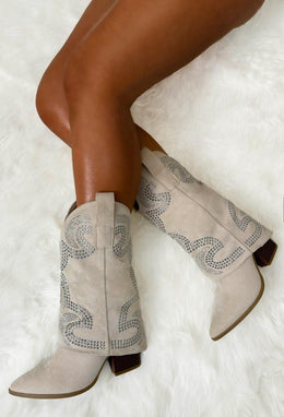 Western Rhinestone-Embellished Suede Boots