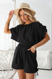 La Blanche Cotton Shoulder Ruffle Shirt with Shorts Set