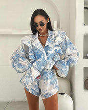 Oversized Pattern Ruffle Shirt with Shorts Set