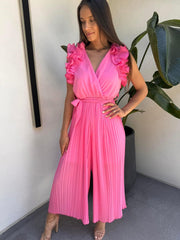 Ruffle Shoulder with Pleated Bottoms Jumpsuit