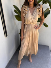 Ruffle Shoulder with Pleated Bottoms Jumpsuit