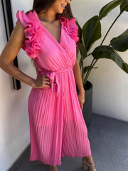 Ruffle Shoulder with Pleated Bottoms Jumpsuit