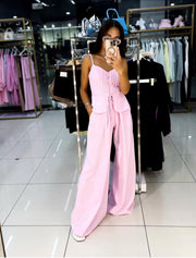 Pink Linen Button Tie Detail Set