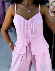 Pink Linen Button Tie Detail Set