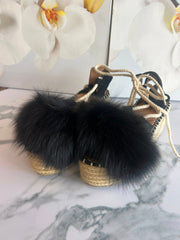 Open Toe Pom-Pom Espadrille Wedges