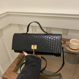 Black Textured Luxe Clutch with Gold Lock Detail