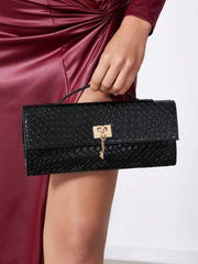 Black Textured Luxe Clutch with Gold Lock Detail