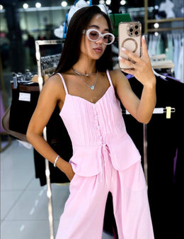 Pink Linen Button Tie Detail Set