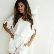 White Knit Fringe Lounge Set