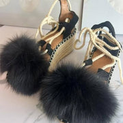 Open Toe Pom-Pom Espadrille Wedges