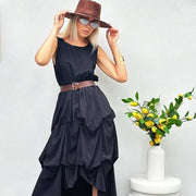 Ruffled Black High-Low Belted Dress