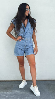 Sleeveless Belted Denim Romper