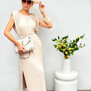 Pleated Beige Maxi Dress