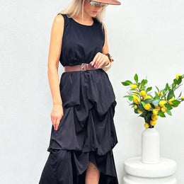 Ruffled Black High-Low Belted Dress