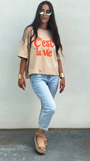 “C’est la Vie” Fuzzy Letter Oversized Sweater Shirt