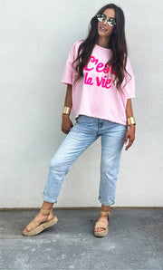 “C’est la Vie” Fuzzy Letter Oversized Sweater Shirt