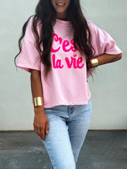 “C’est la Vie” Fuzzy Letter Oversized Sweater Shirt