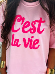 “C’est la Vie” Fuzzy Letter Oversized Sweater Shirt