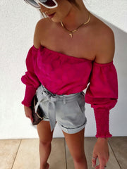 by Me Off-the-Shoulder Fuchsia Polka Dot Top