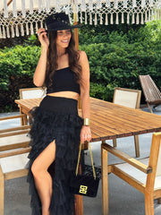 Tiered Lace High-Slit Maxi Skirt