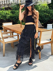 Tiered Lace High-Slit Maxi Skirt