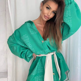 Oversized Script-Print Shirt with Tie Belt with White Leather Belt