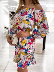 Tropical Flower Printed Ruched Mini Dress