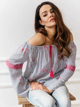 Striped Embroidered Off-Shoulder Blouse