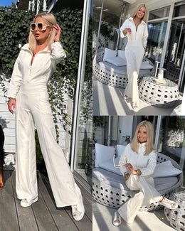White Comfy High-Waist Zipper Jumpsuit