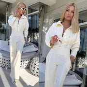 White Comfy High-Waist Zipper Jumpsuit