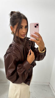 Cropped Padded Shoulder Leather Jacket