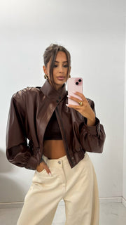 Cropped Padded Shoulder Leather Jacket