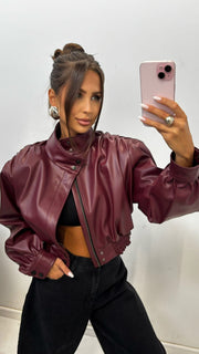 Cropped Padded Shoulder Leather Jacket