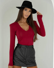 Padded Shoulder V-Neck Long Sleeve Top