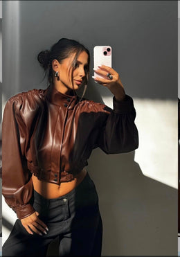 Cropped Padded Shoulder Leather Jacket