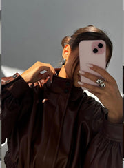 Cropped Padded Shoulder Leather Jacket