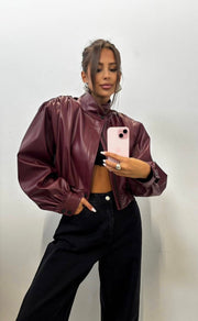 Cropped Padded Shoulder Leather Jacket