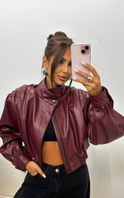 Cropped Padded Shoulder Leather Jacket