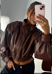 Cropped Padded Shoulder Leather Jacket