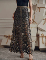 Gold & Black Crochet Knit Maxi Skirt