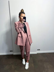 Tiny Plaid Red Pink White Double Breasted Blazer Suit Set