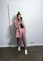 Tiny Plaid Red Pink White Double Breasted Blazer Suit Set