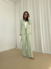 Double-Breasted Blazer with Gold Buttons & Wide-Leg Pants Suit