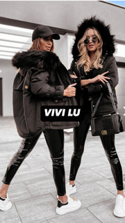 Long Sleeve Decorative Cuff Faux Fur Lined Pockets Short Jacket